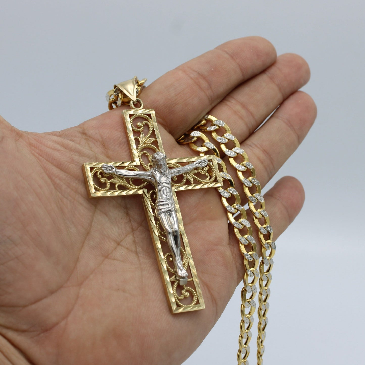 14K Jumbo Cross Pendant Two Tones  With Semi-Solid Flat Cuban ChainTwo Tones Yellow Gold