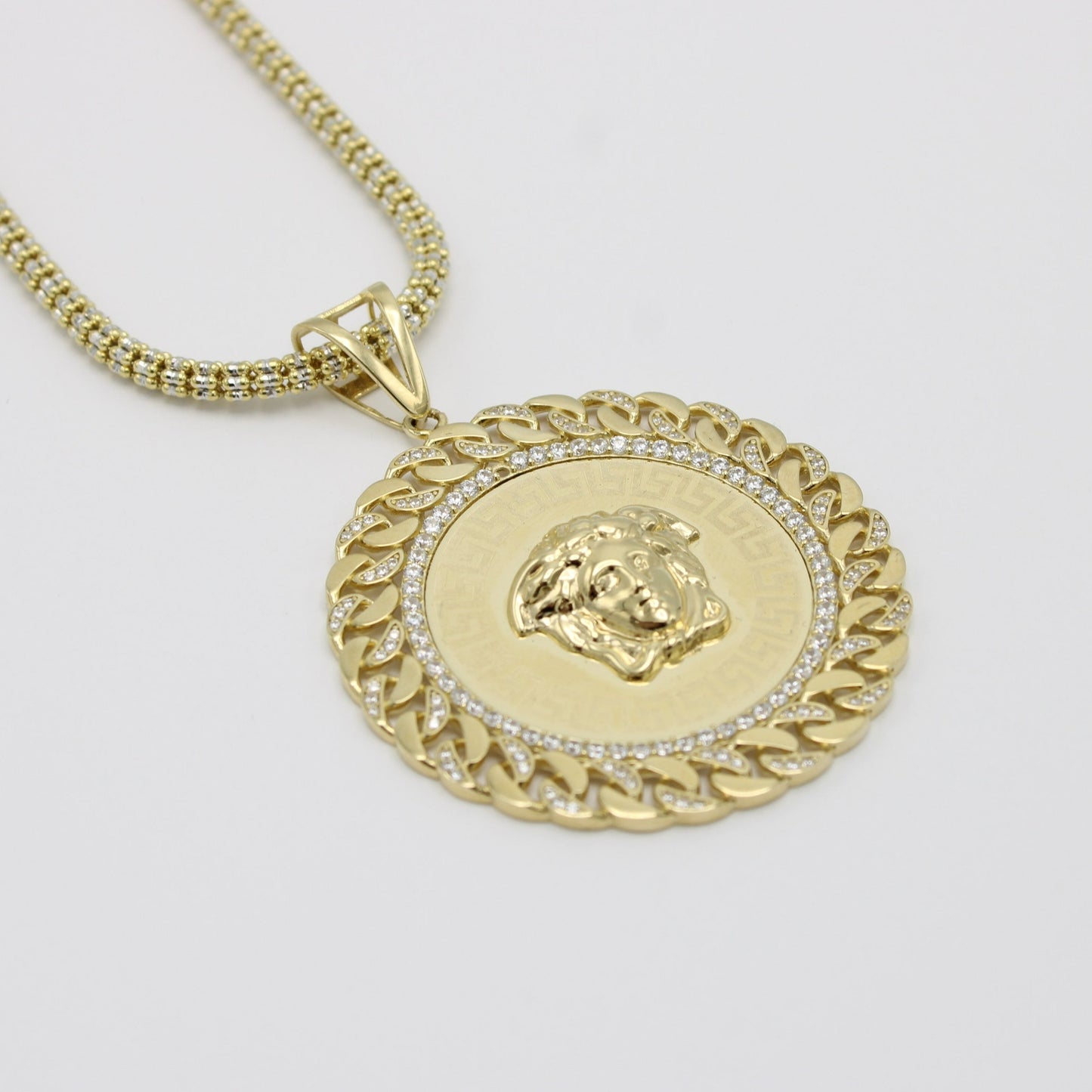 14K Medusa Pendant  Cz Stones With Ice Chain Yellow Gold