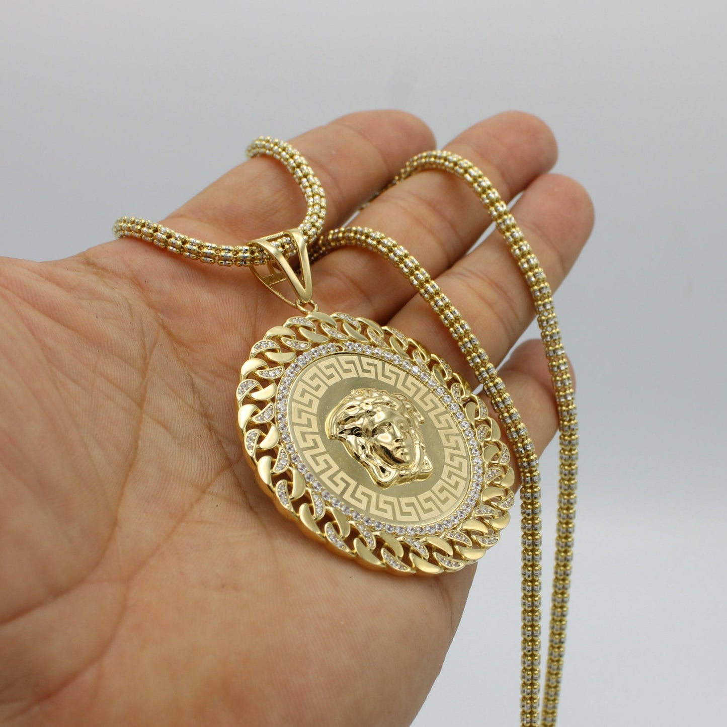 14K Medusa Pendant  Cz Stones With Ice Chain Yellow Gold