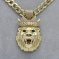 14K Lion King Cz Stones With Semi-Solid Flat Cuban Chain Yellow Gold