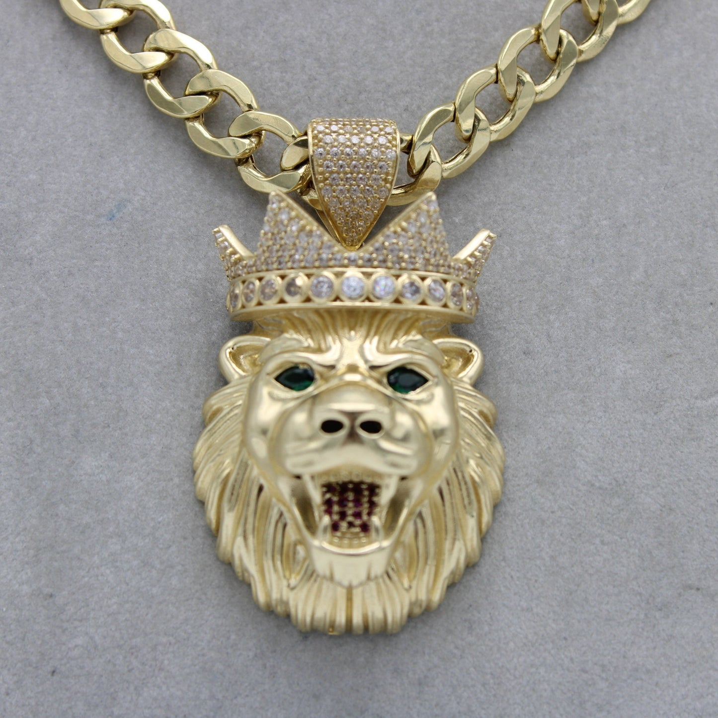 14K Lion King Cz Stones With Semi-Solid Flat Cuban Chain Yellow Gold