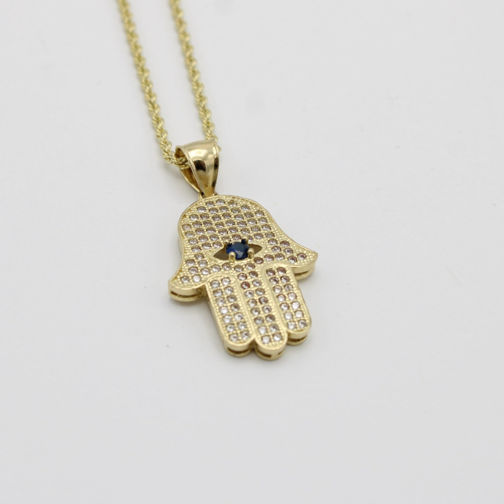 Hamsa Rope Chain 14K Hamsa Pendant Cz Stones With Rope Chain Yellow Gold – Alex Diamond ...