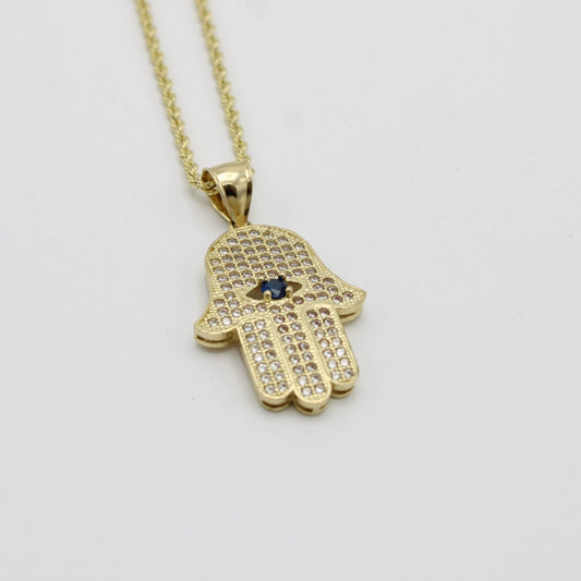 14K Hamsa Pendant Cz Stones With Rope Chain Yellow Gold