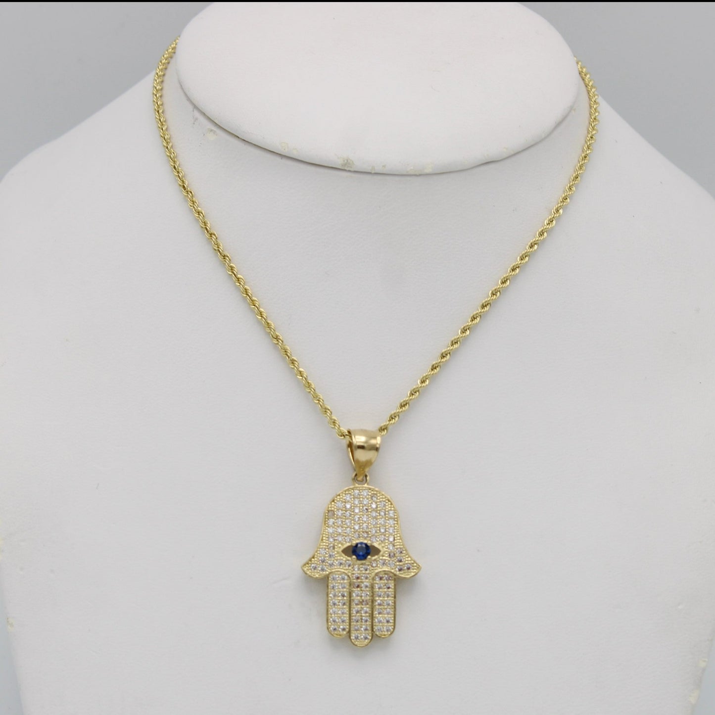 14K Hamsa Pendant Cz Stones With Rope Chain Yellow Gold