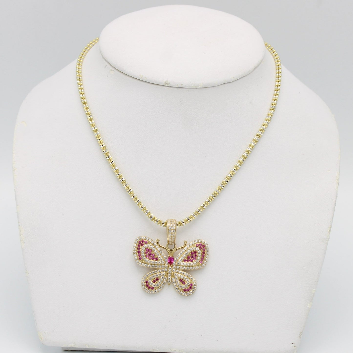 14K Butterfly Pendant Cz Stones With Ice Chain Yellow Gold
