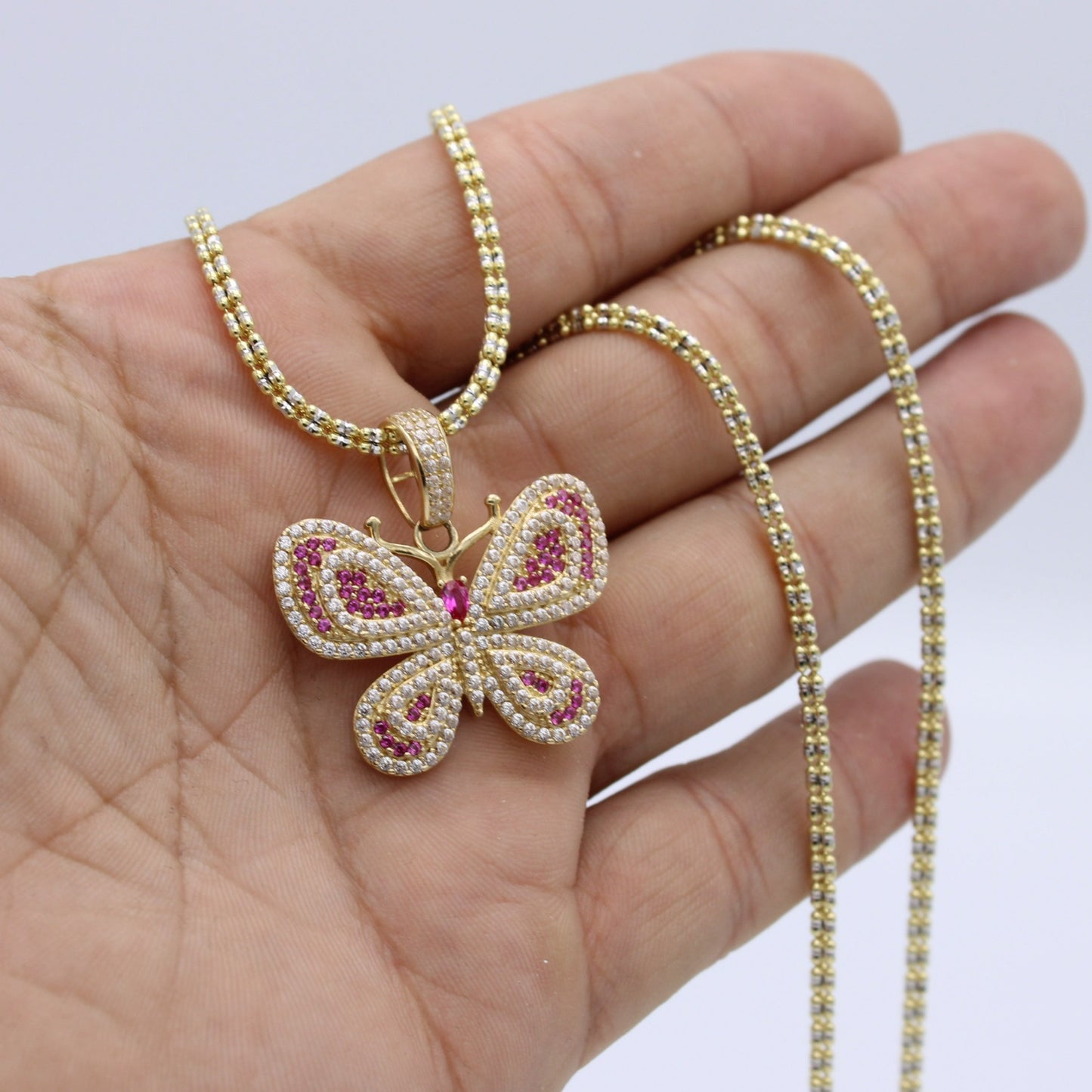 14K Butterfly Pendant Cz Stones With Ice Chain Yellow Gold