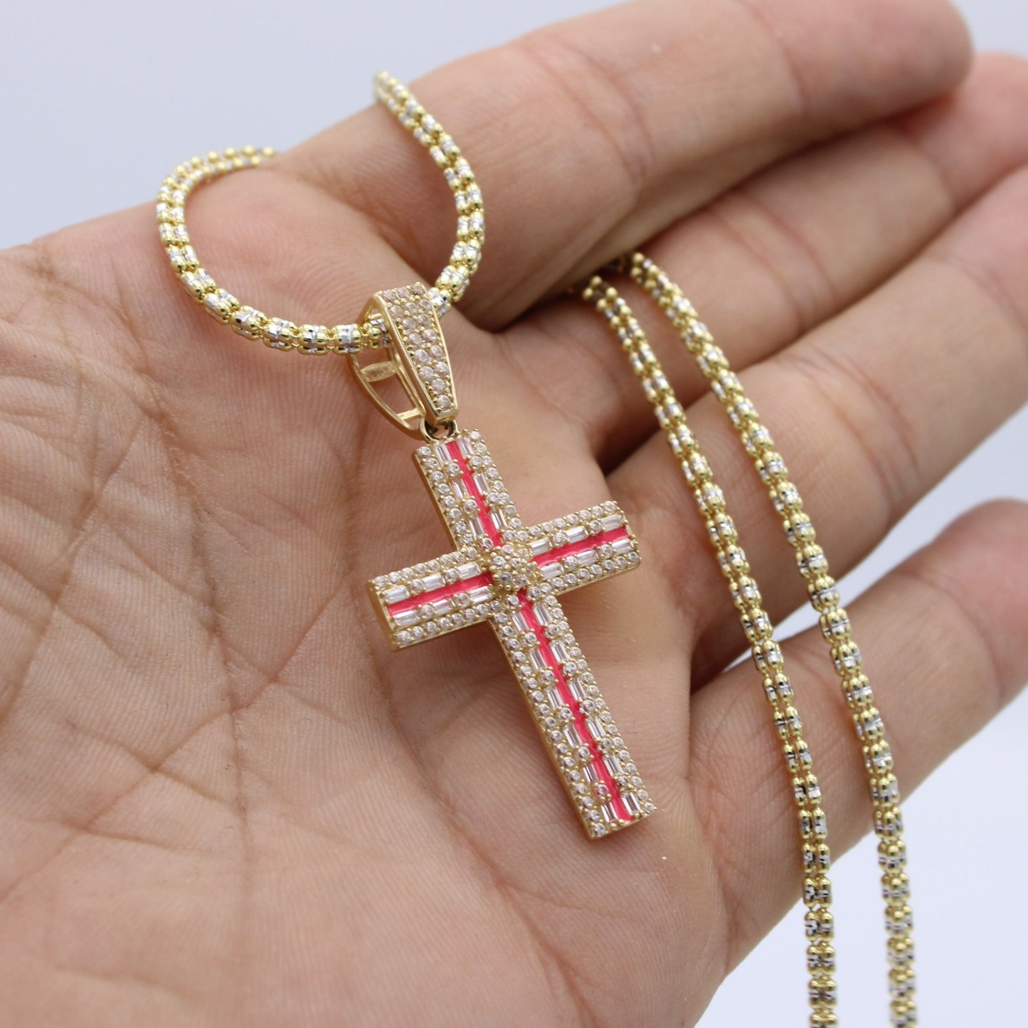 14K Cross Pendant Cz Stones With Ice Chain Yellow Gold