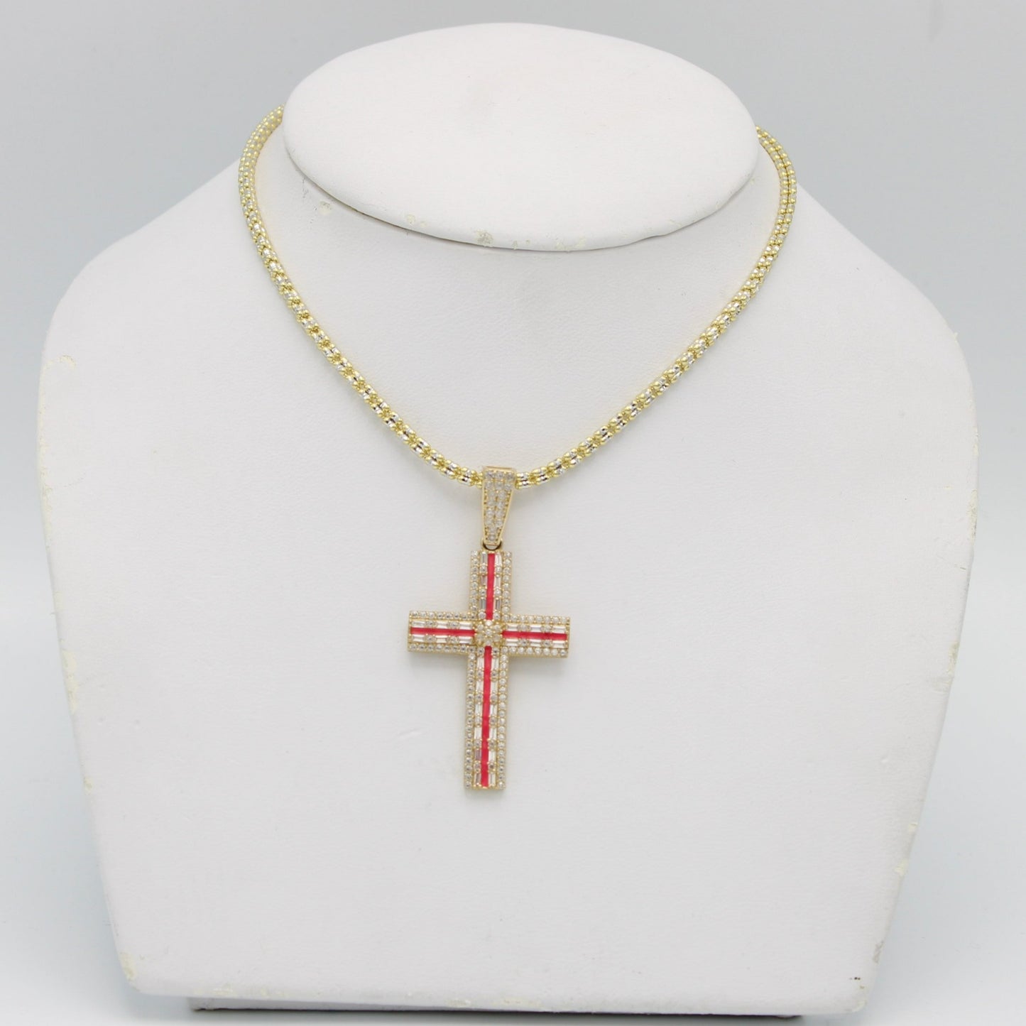 14K Cross Pendant Cz Stones With Ice Chain Yellow Gold