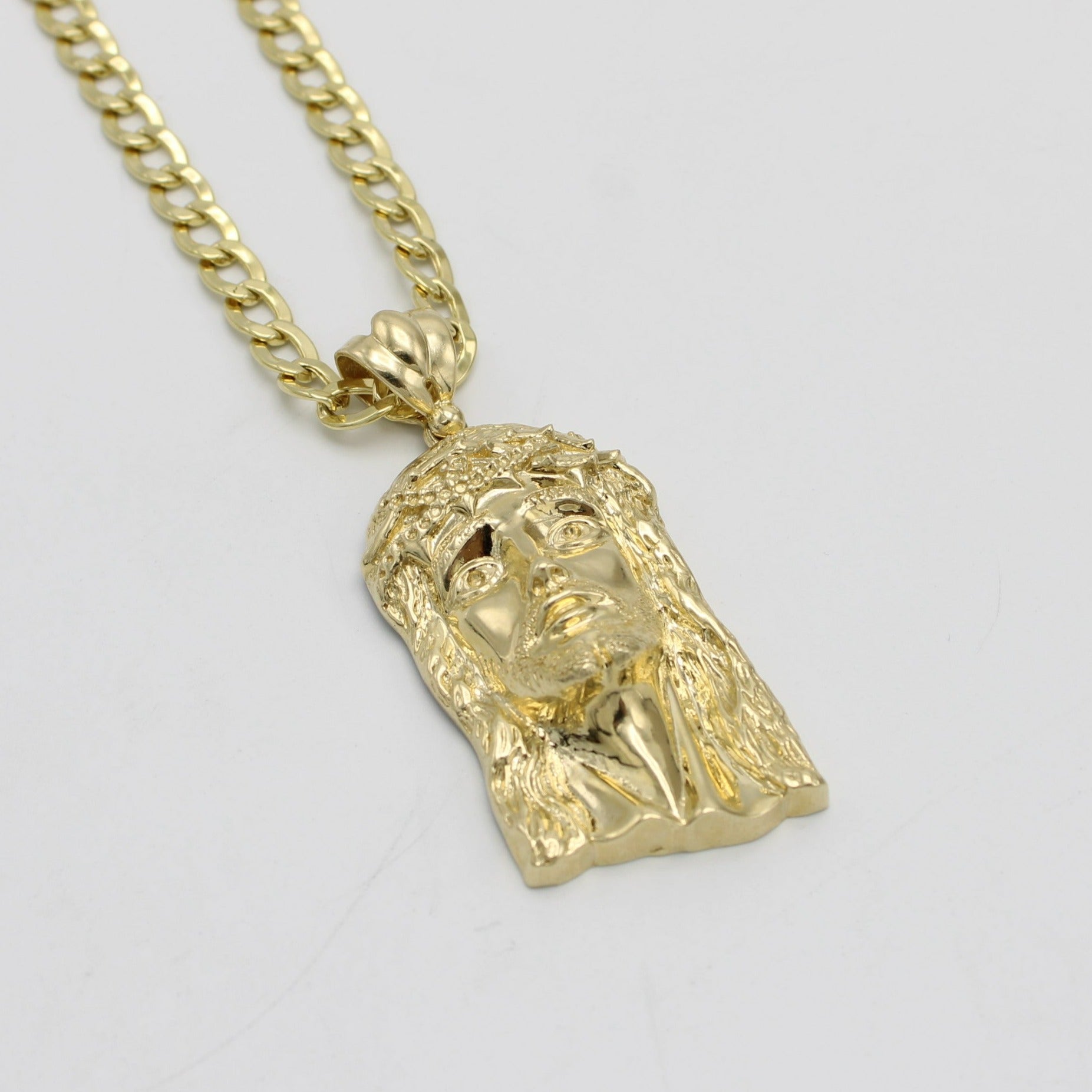 Yellow Jesus Chain 14K Jesus Face Pendant With Semi-Solid Flat Cuban Chain Yellow Gold ...