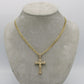 14K Cross Pendant Cz Stones With Solid Flat Cuban Chain Yellow Gold