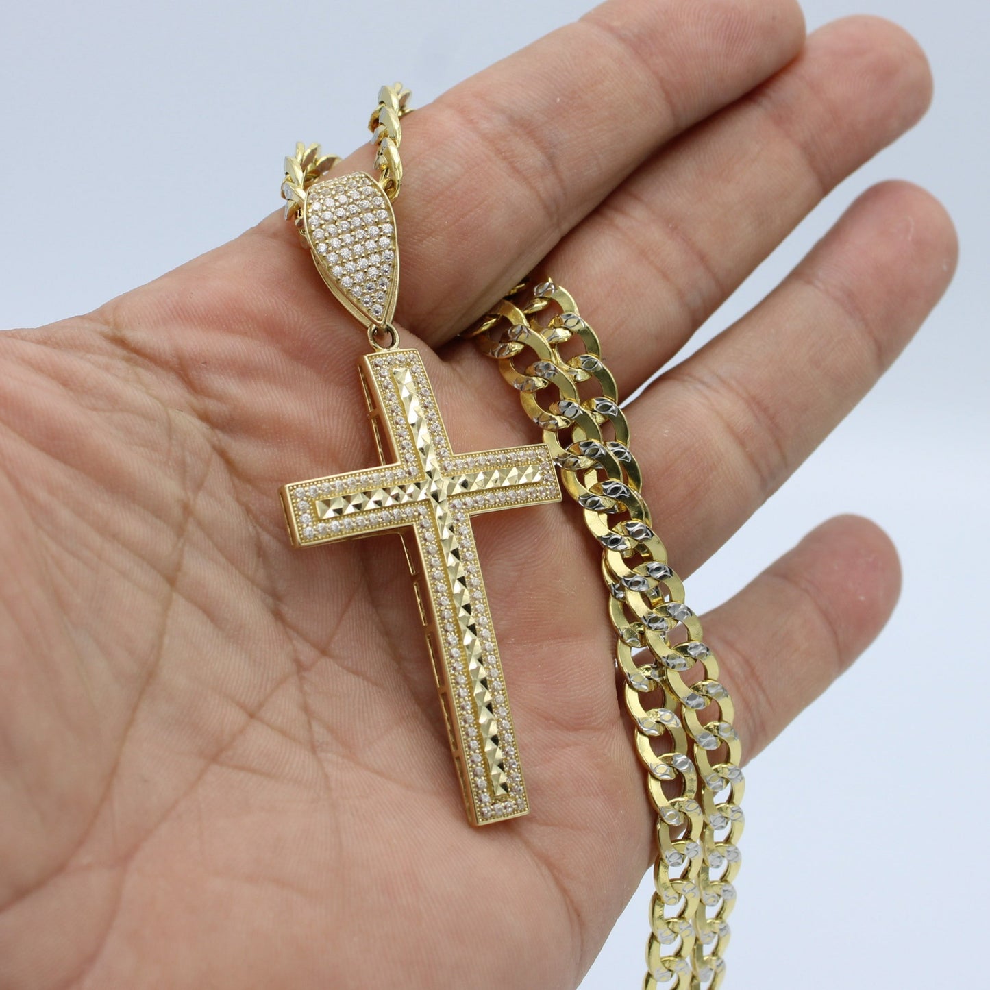 14K Cross Pendant Cz Stones With Semi-Solid Flat Cuban Chain Two Tones Yellow Gold