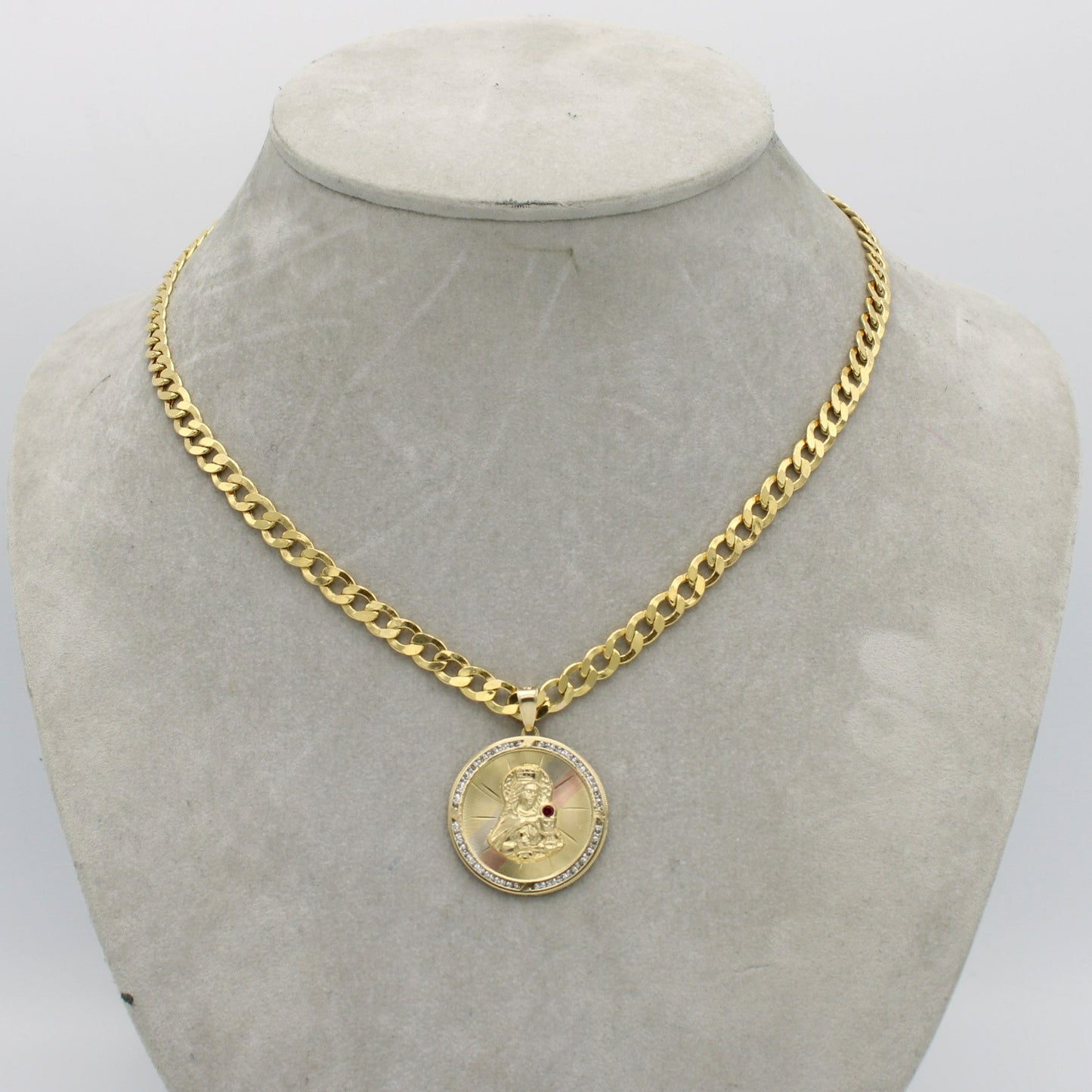 14K Santa Barbara Pendant Cz Stones With Semi-Solid Flat Cuban Chain Yellow Gold