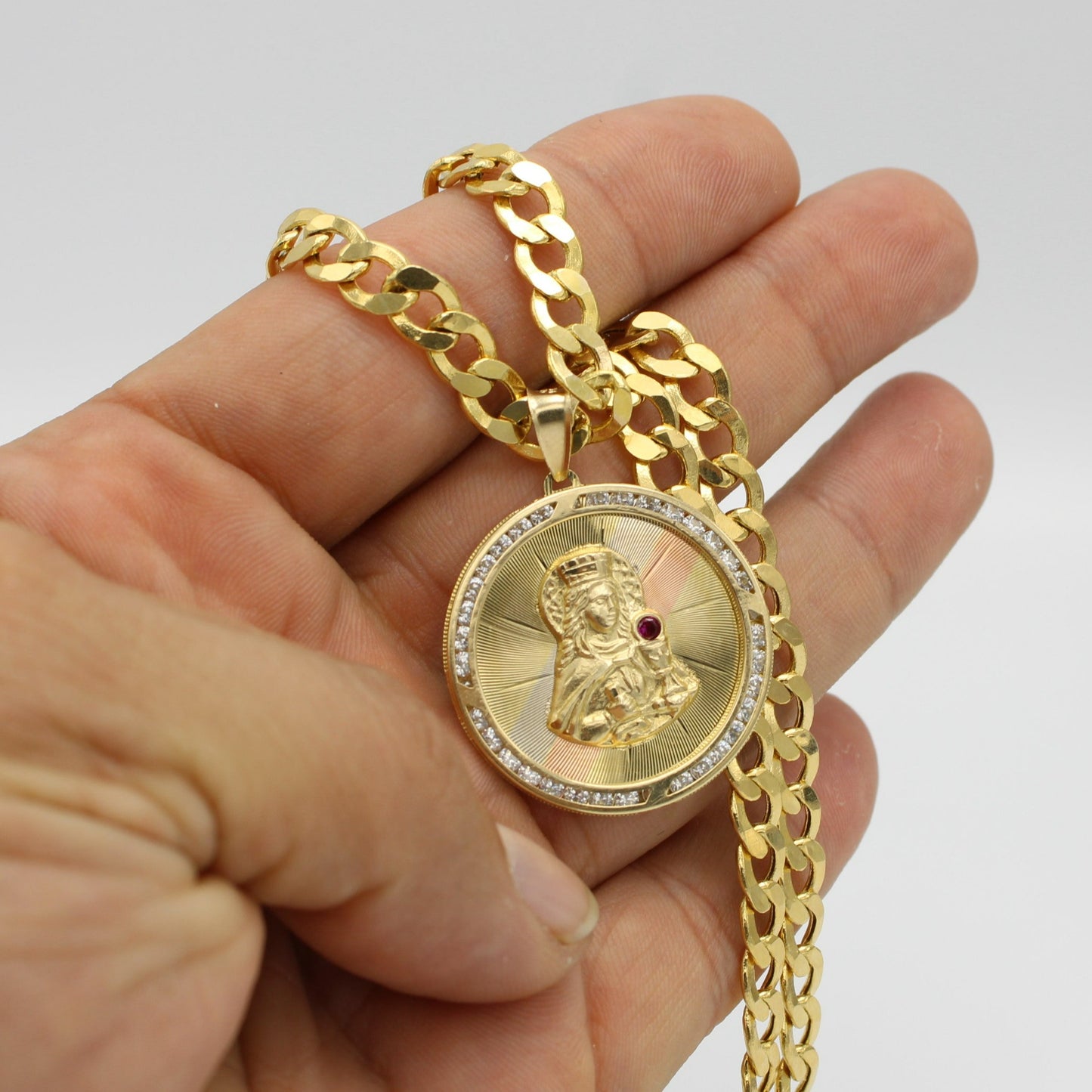 14K Santa Barbara Pendant Cz Stones With Semi-Solid Flat Cuban Chain Yellow Gold