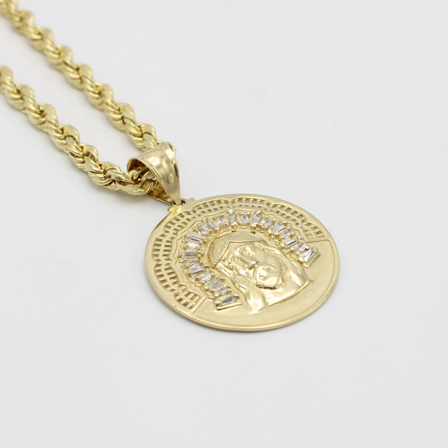 14K Jesus Face Pendant Cz Stones With Rope Chain Yellow Gold