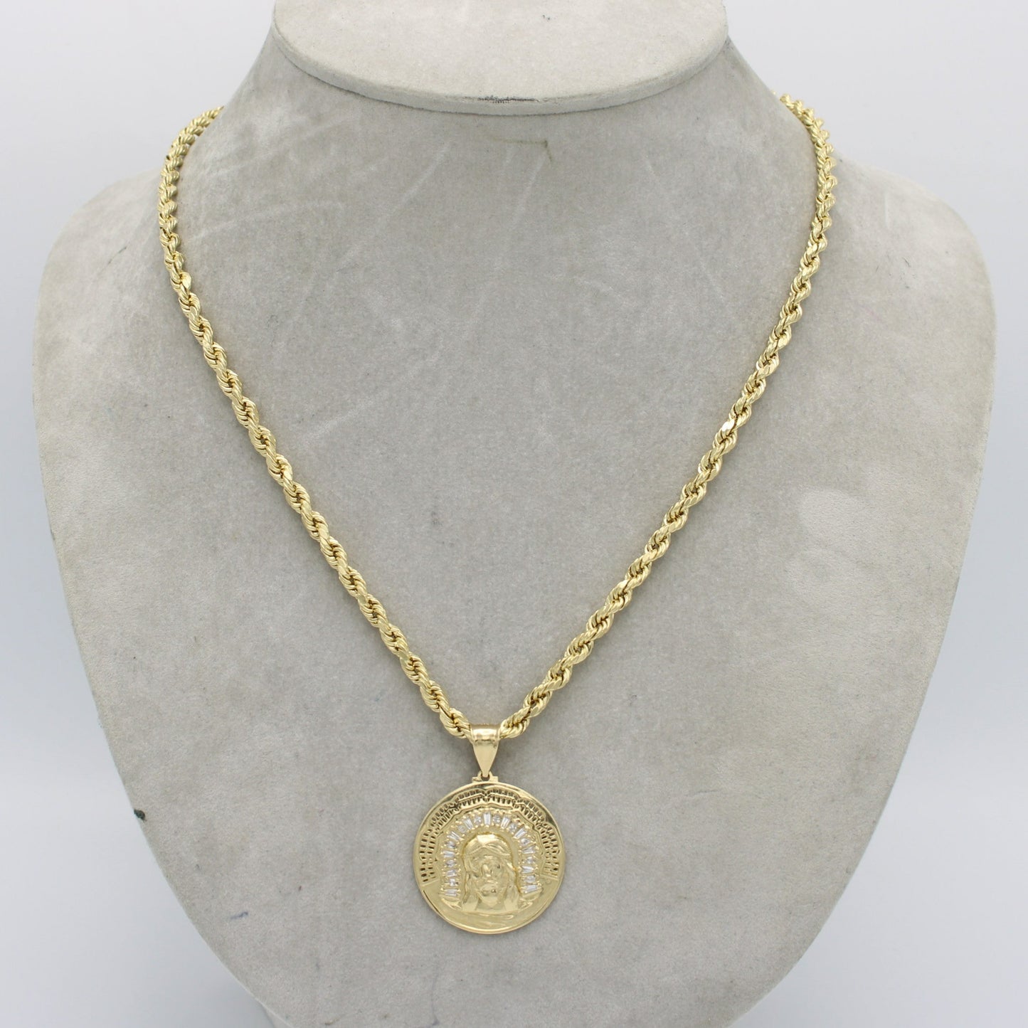 14K Jesus Face Pendant Cz Stones With Rope Chain Yellow Gold