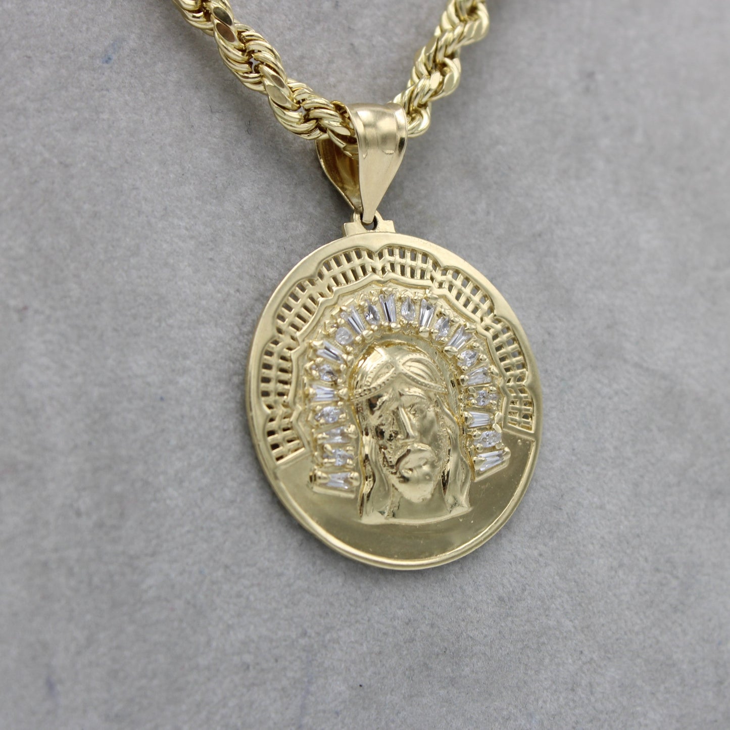 14K Jesus Face Pendant Cz Stones With Rope Chain Yellow Gold