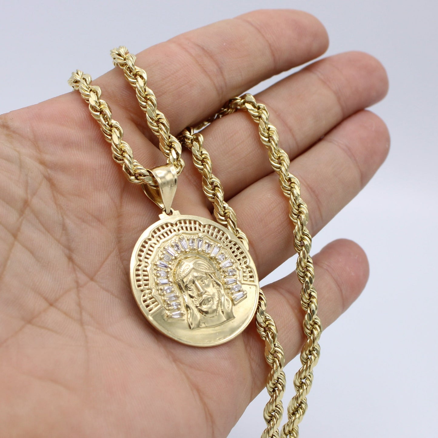 14K Jesus Face Pendant Cz Stones With Rope Chain Yellow Gold