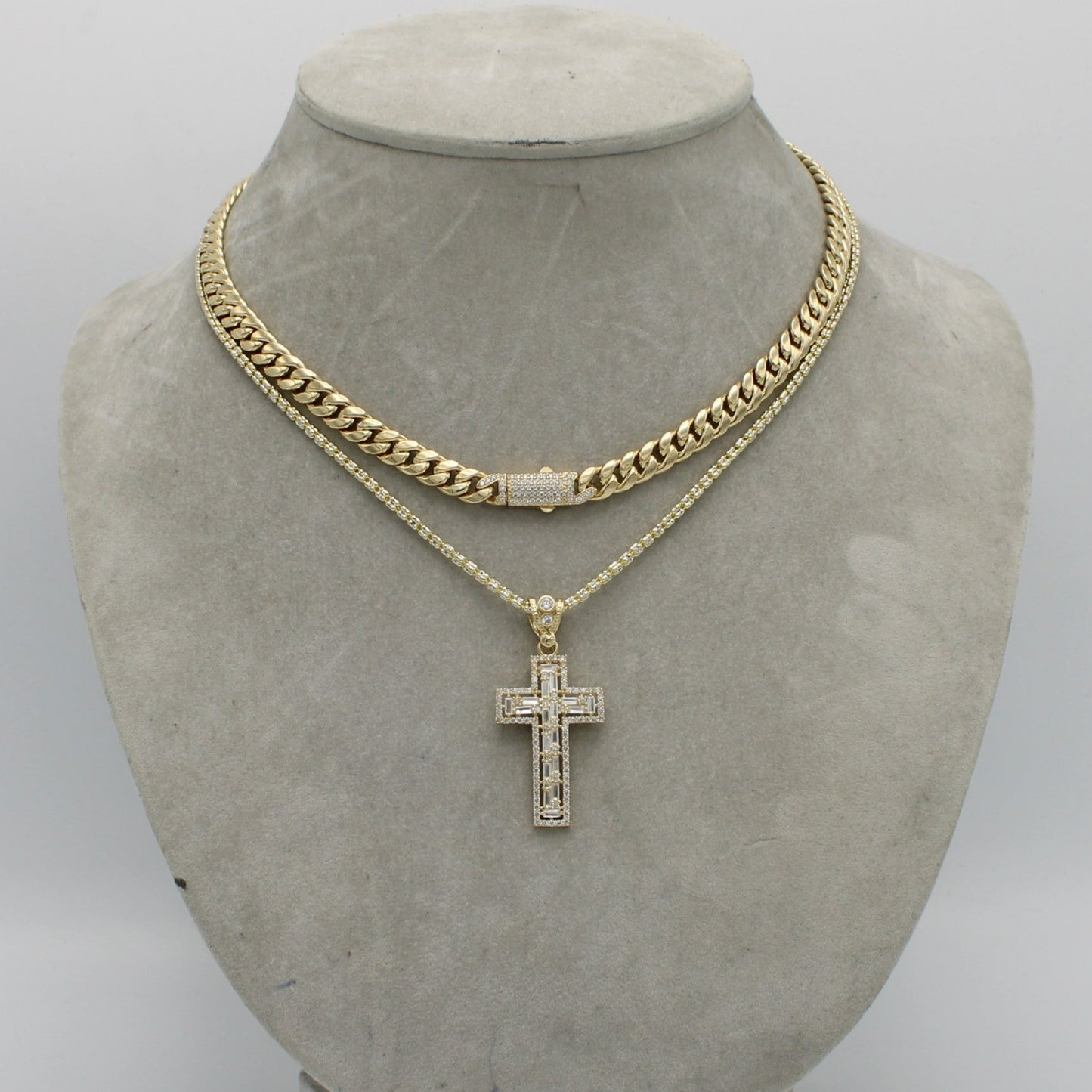 14K Set Choker (18") With Ice Chain (20") With Cross Pendant Cz Stones Yellow Gold