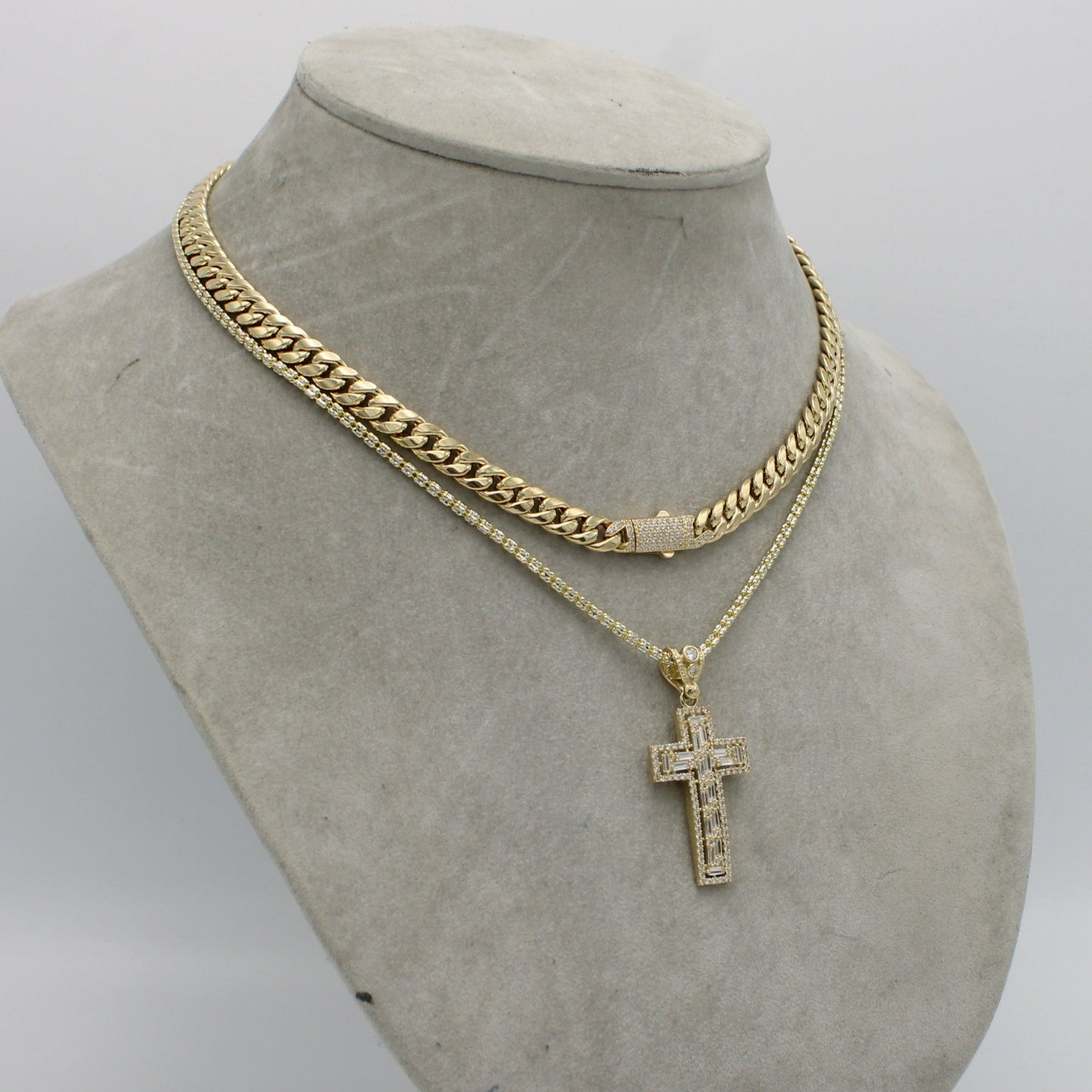 14K Set Choker (18") With Ice Chain (20") With Cross Pendant Cz Stones Yellow Gold