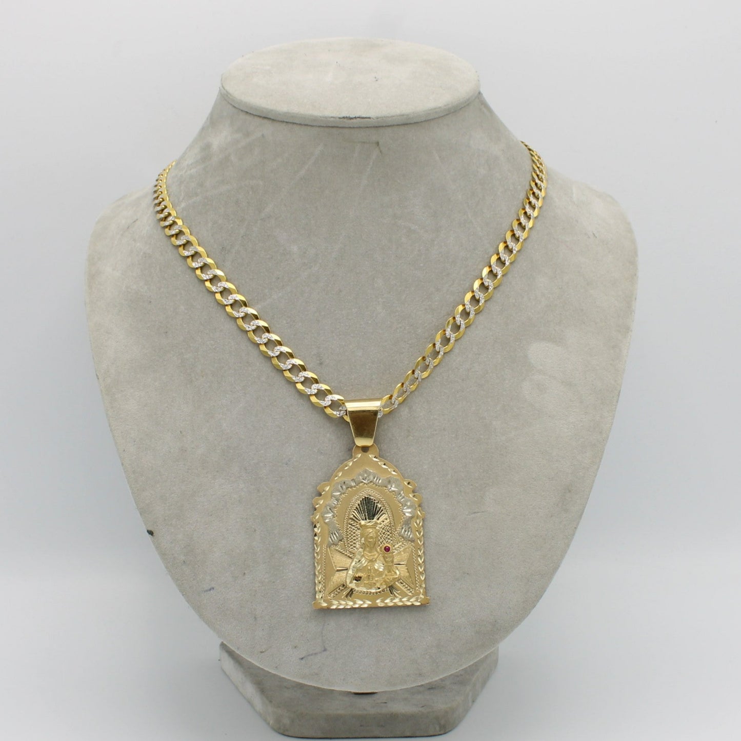 14K Santa Barbara Pendant With Solid Flat Cuban Chain Two Tones Yellow Gold
