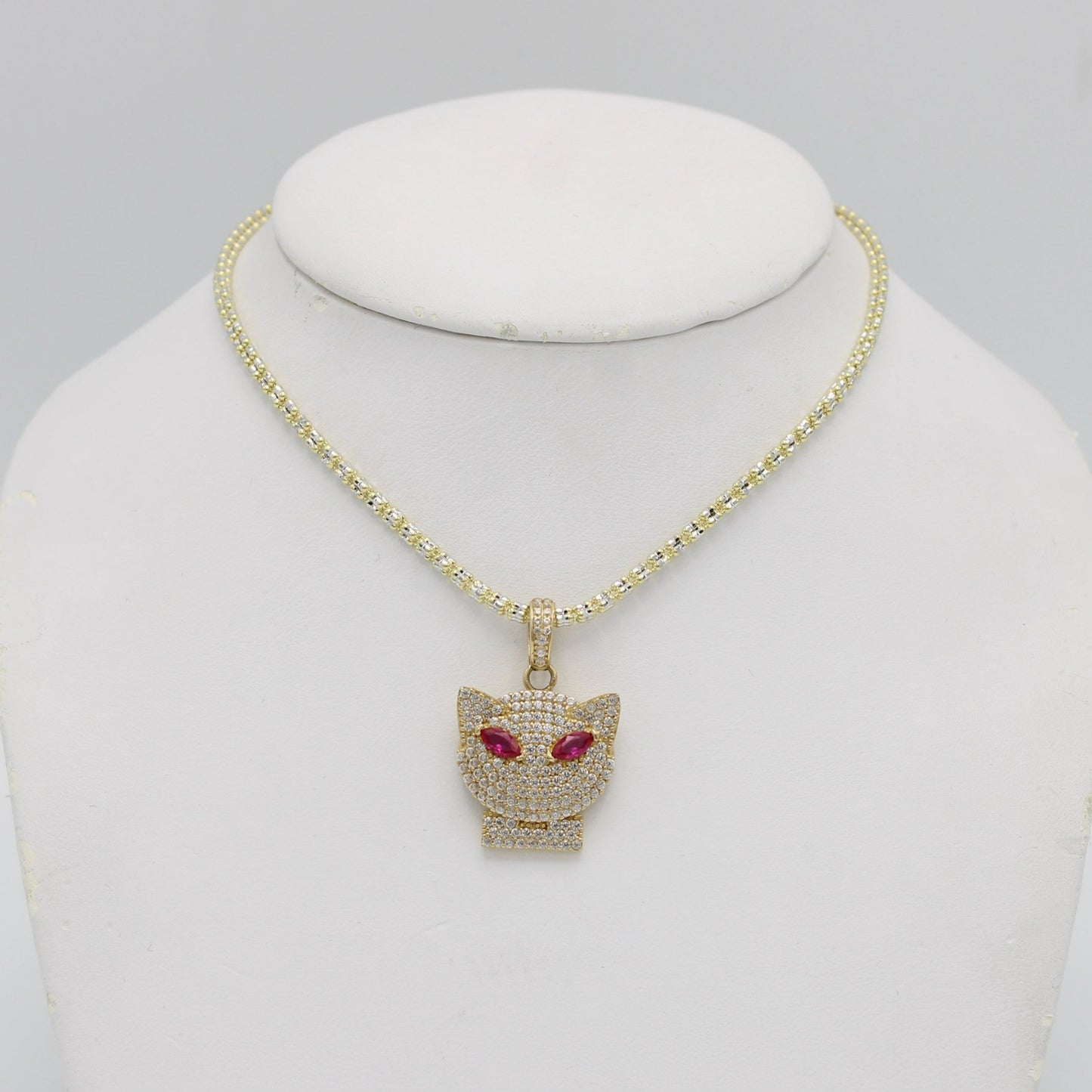 14K Cat Pendant Cz Stones With ice Chain Yellow Gold