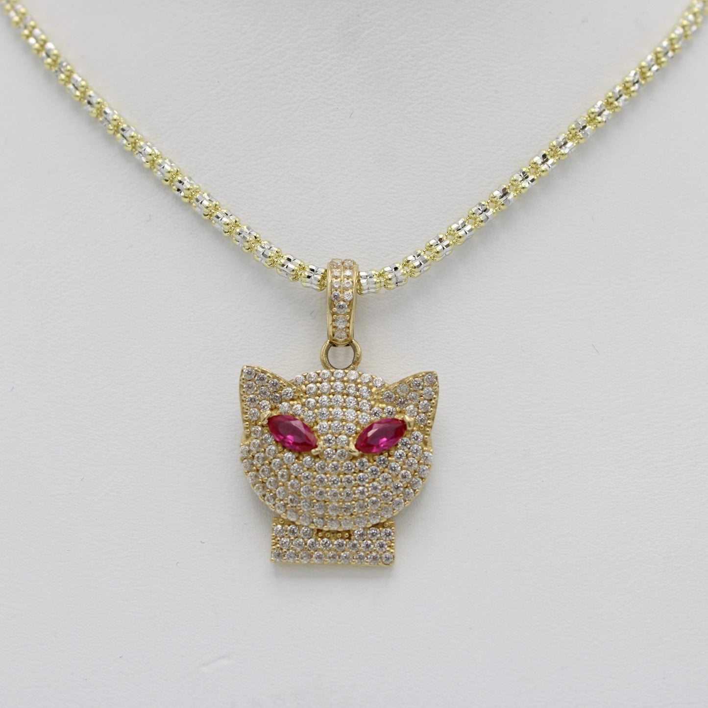 14K Cat Pendant Cz Stones With ice Chain Yellow Gold
