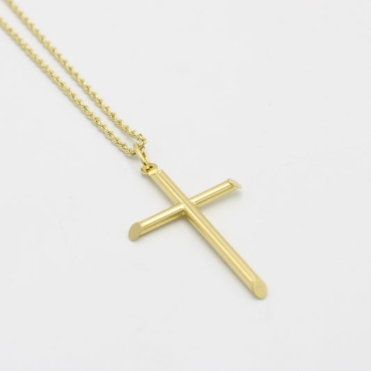 14K Cross Pendant  With Rope Chain Yellow Gold