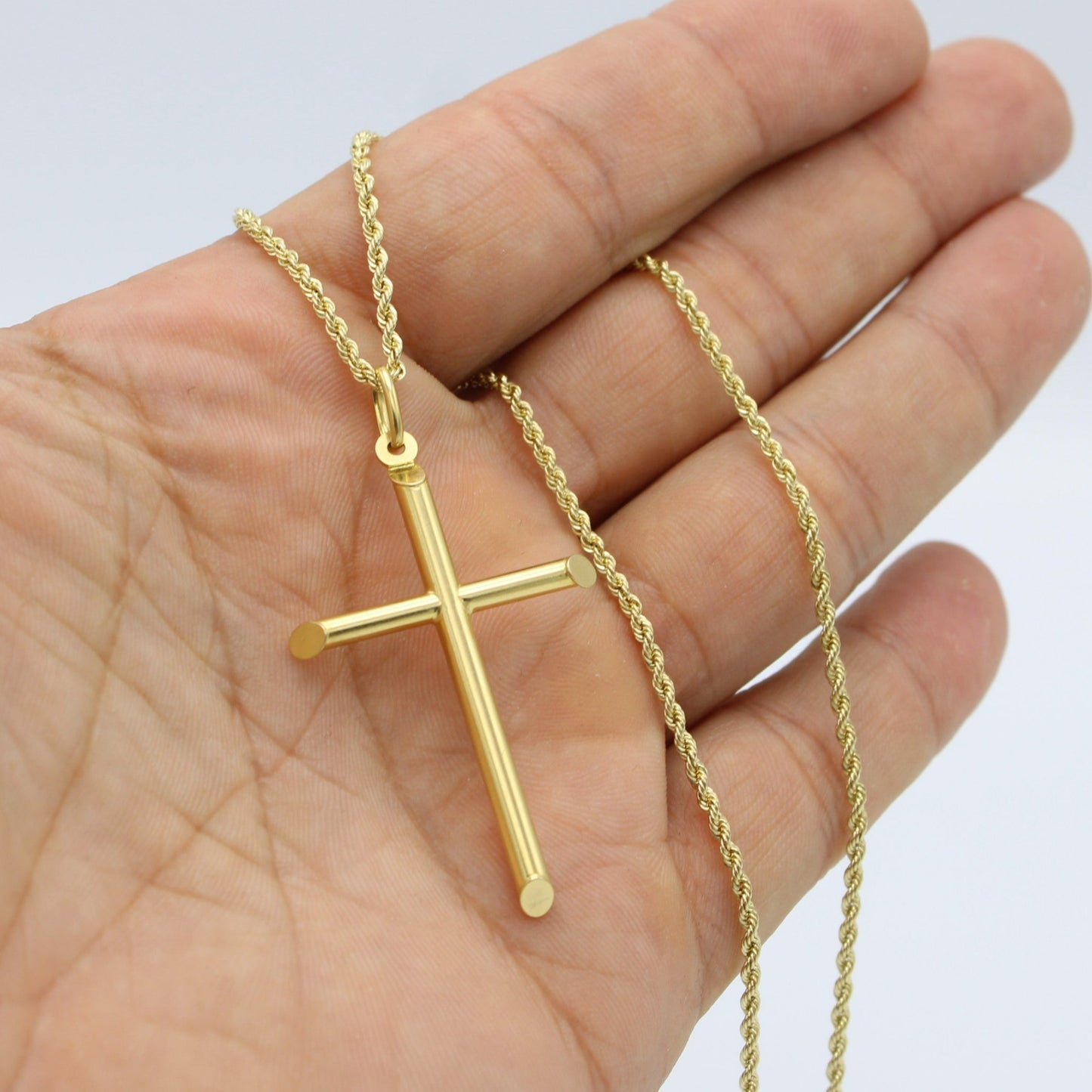 14K Cross Pendant  With Rope Chain Yellow Gold