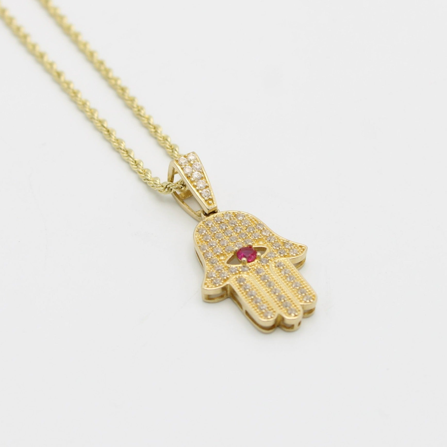 Hamsa Rope Chain 14K Hamsa Pendant ( Red ) Cz Stones With Rope Chain Yellow Gold – Alex ...
