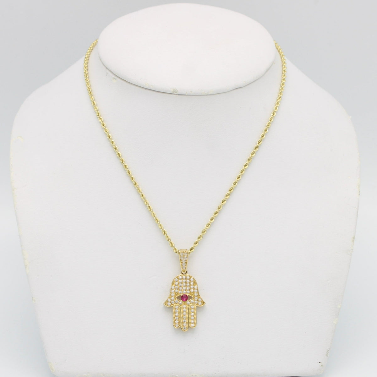 Hamsa Rope Chain 14K Hamsa Pendant ( Red ) Cz Stones With Rope Chain Yellow Gold – Alex ...