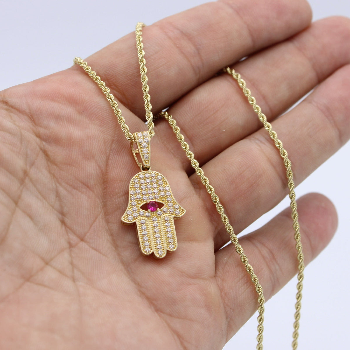 Hamsa Rope Chain 14K Hamsa Pendant ( Red ) Cz Stones With Rope Chain Yellow Gold – Alex ...