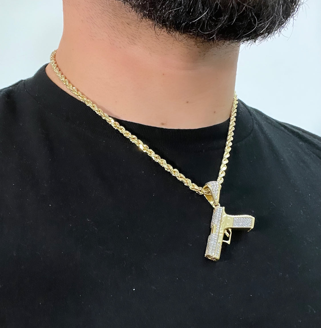 14K Pistol Handgun Pendant Cz Stones with Rope Chain Yellow Gold With Earrings Cz Stones