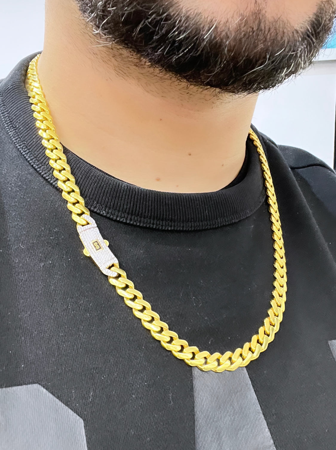14K Men s Monaco Chain Curve Cz Lock Yellow Gold Alex Diamond Jewelry