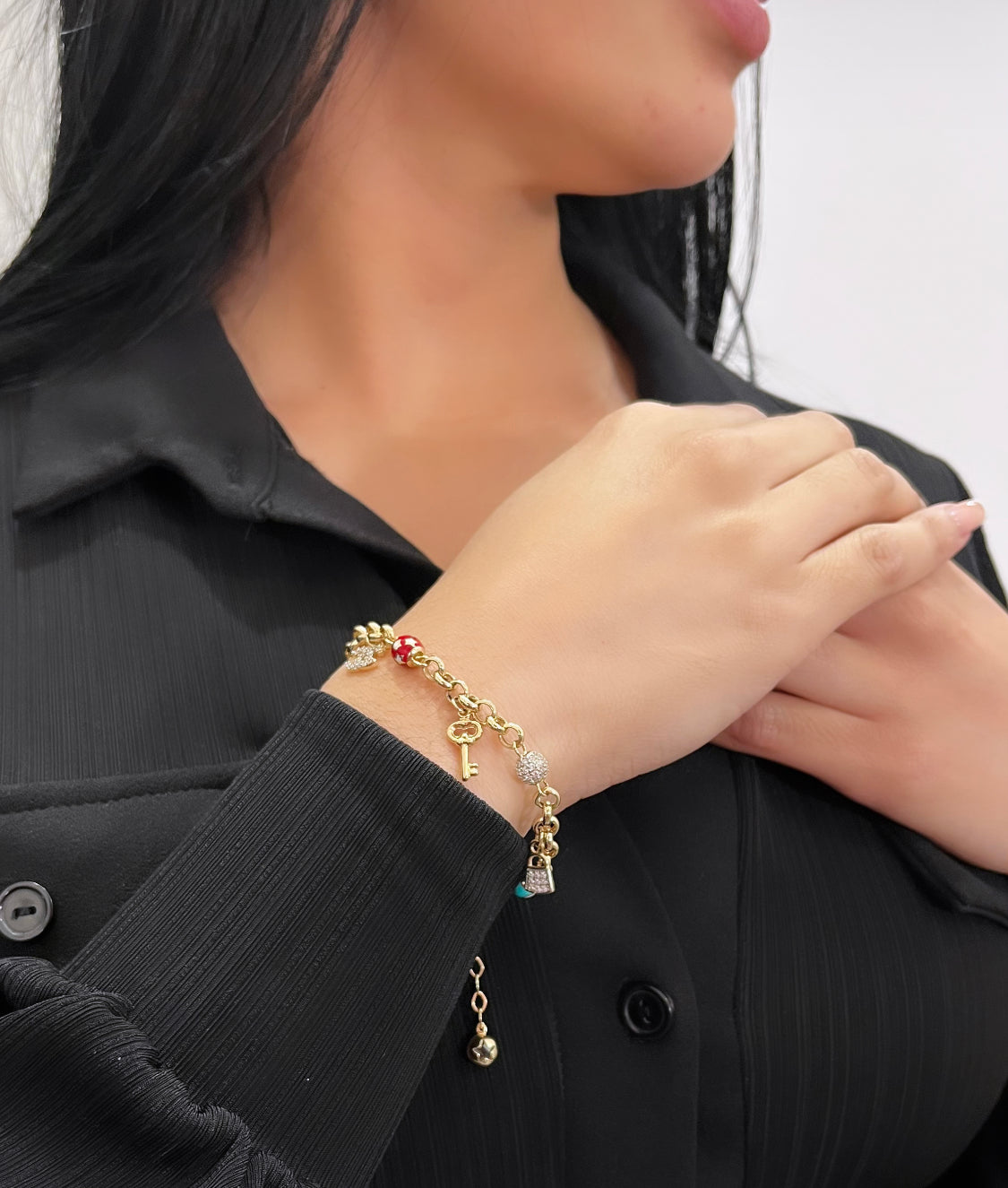 14K Bangle with Charms Cz Stones Yellow Gold