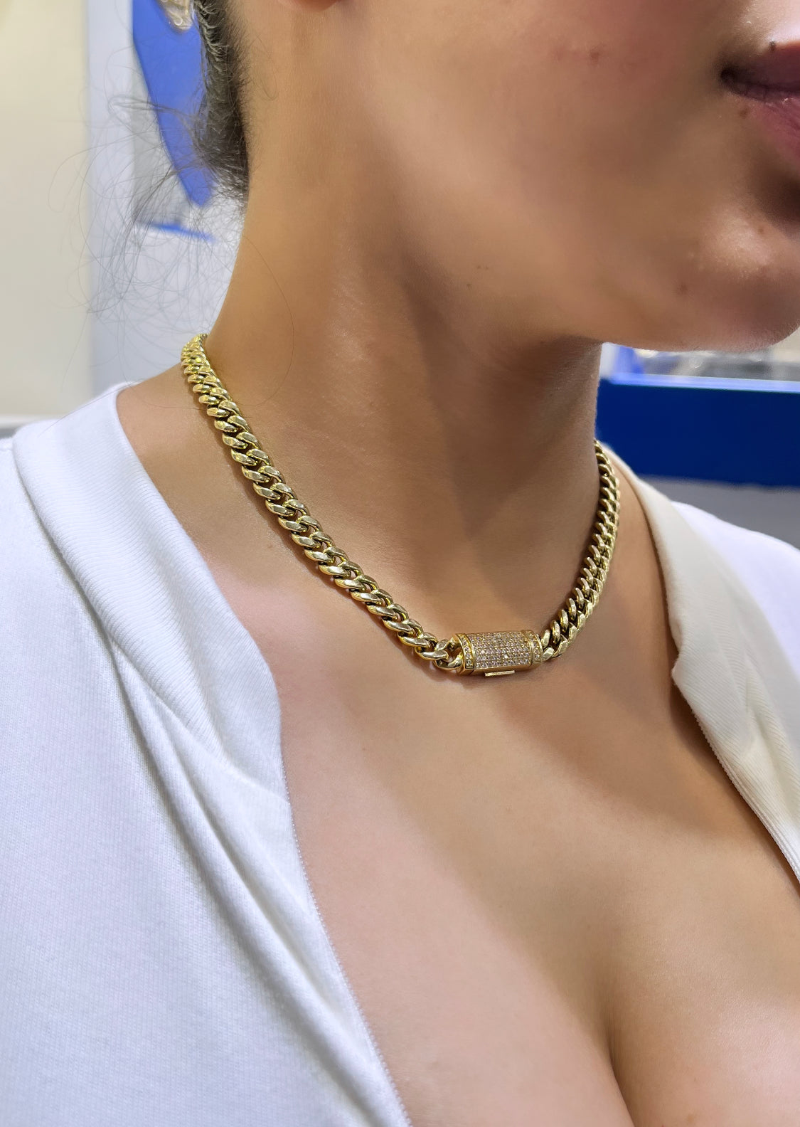 14K Choker Semi-Solid Miami Cuban Link Cz Lock \\ 6.7 mm - 16” \\