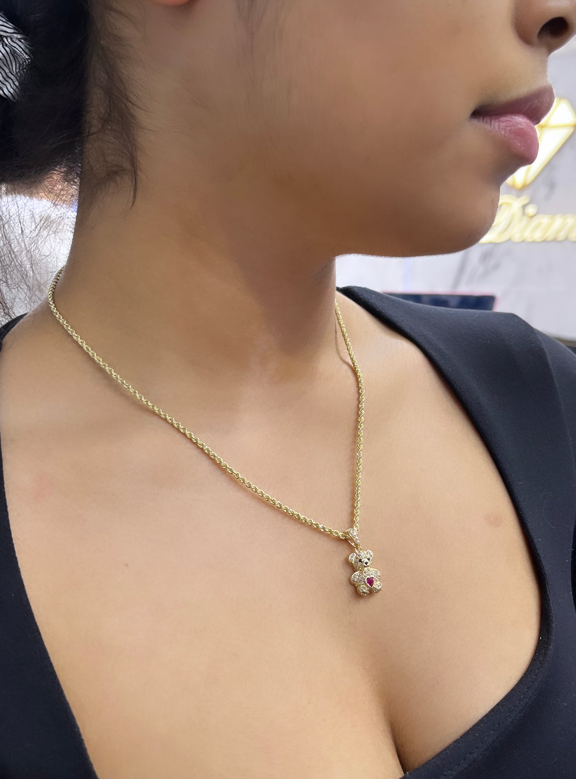 14K Teddy Bear Cz Pendant with Hollow Rope Chain Yellow Gold