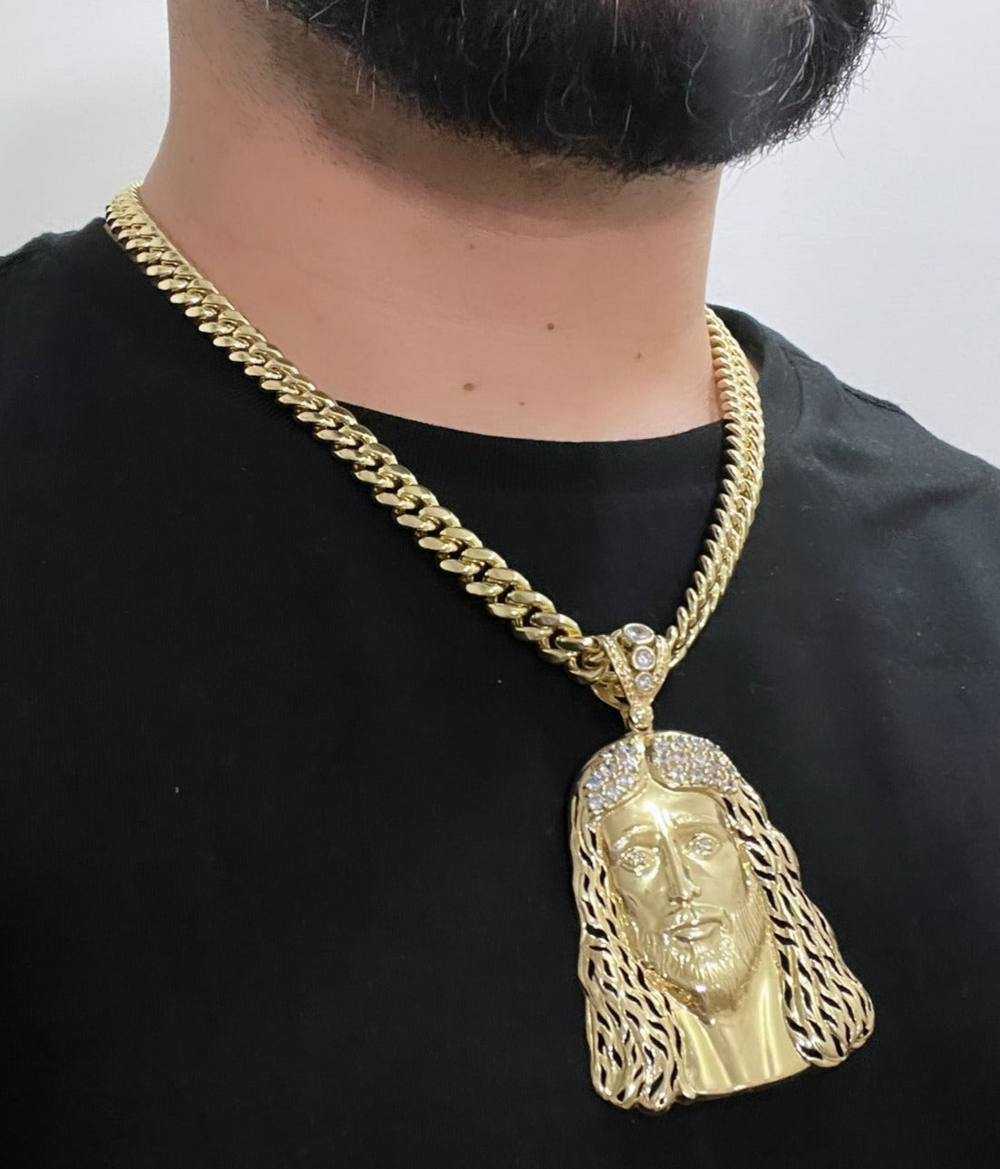 14K Jesus Face Pendant  with Miami Cuban Link Chain Yellow Gold