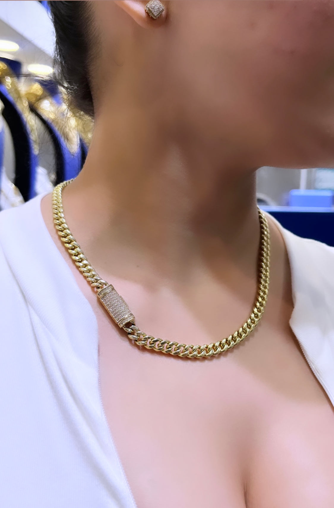 14K Choker Semi-Solid Miami Cuban Link Cz Lock \\ 7.7 mm - 16” \\