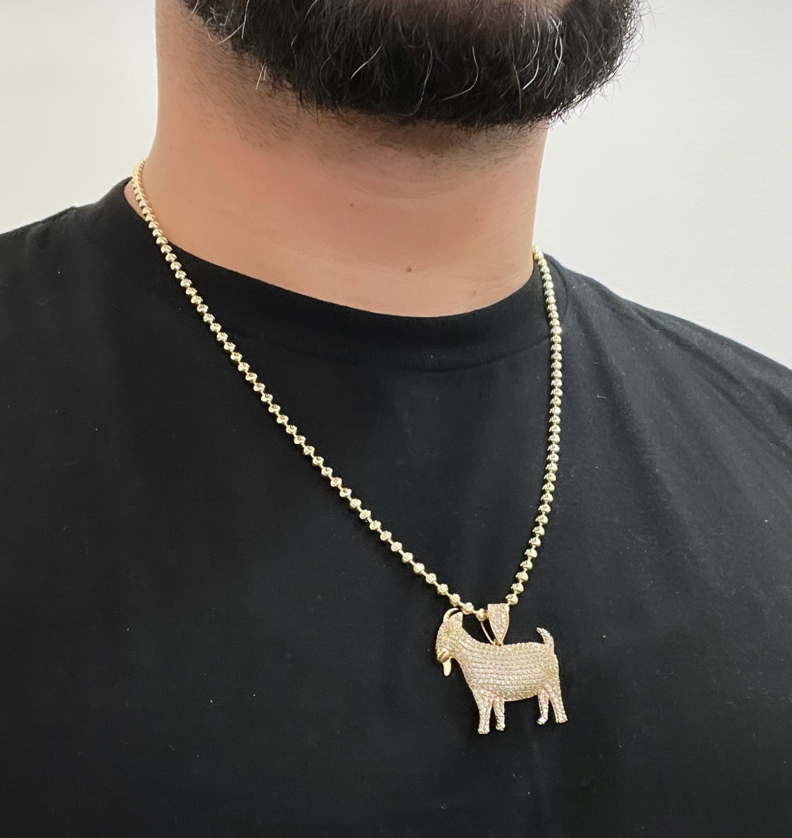 14K Goat Pendant Cz Stones With Solid Moon Cut Chain Yellow Gold