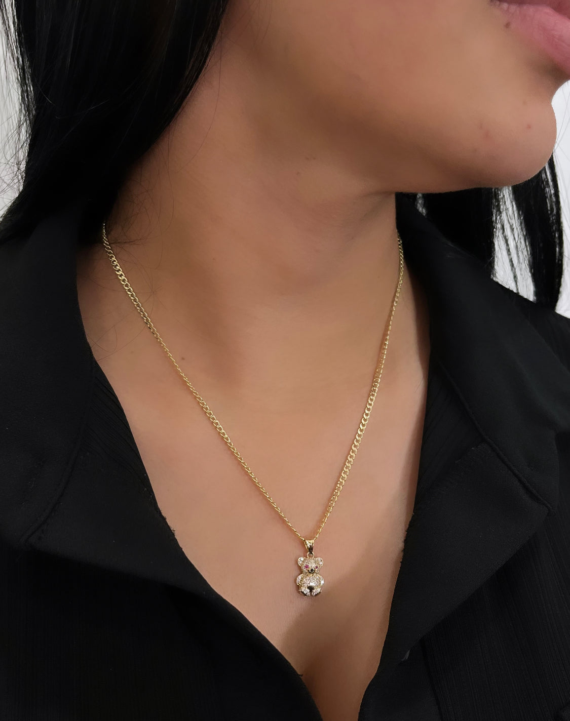 14k Teddy Bear Pendant Cz Stones With Flat Cuban Chain Yellow Gold